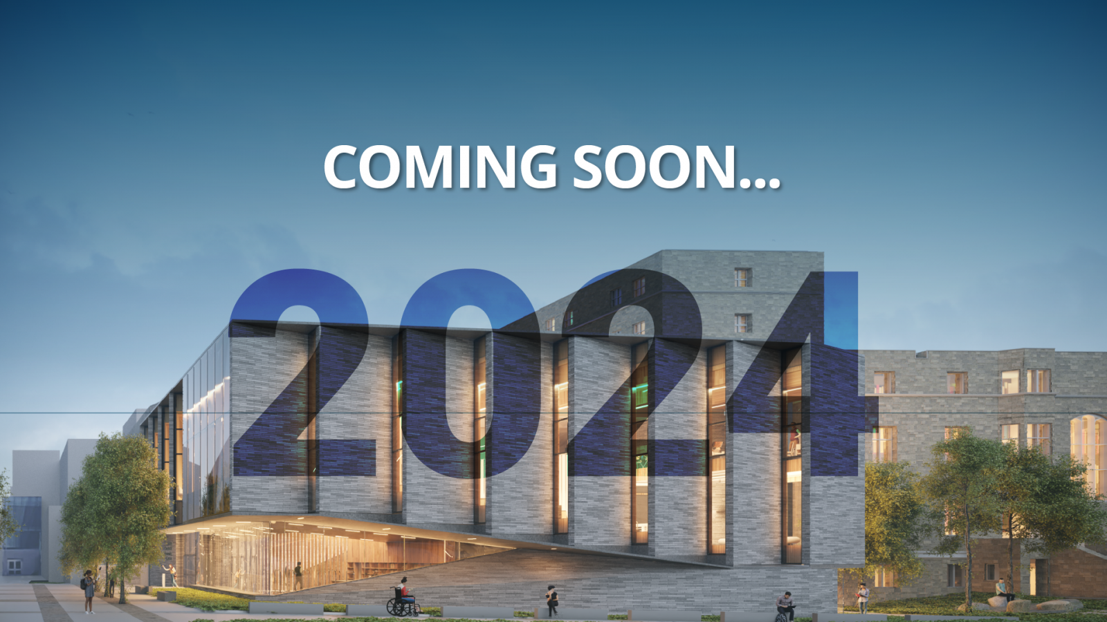 3D render of atrium of the John Deutsch University Centre. With the text coming soon...2024.
